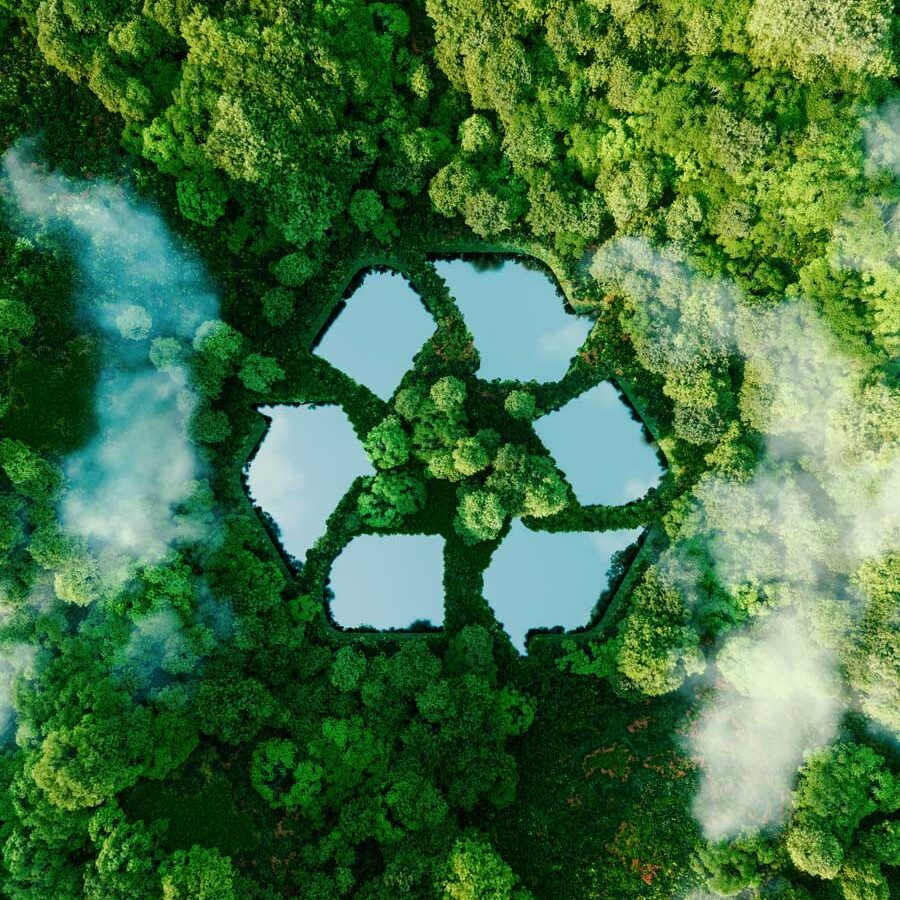 A recycling symbol appearing as bodies of water in a forest
